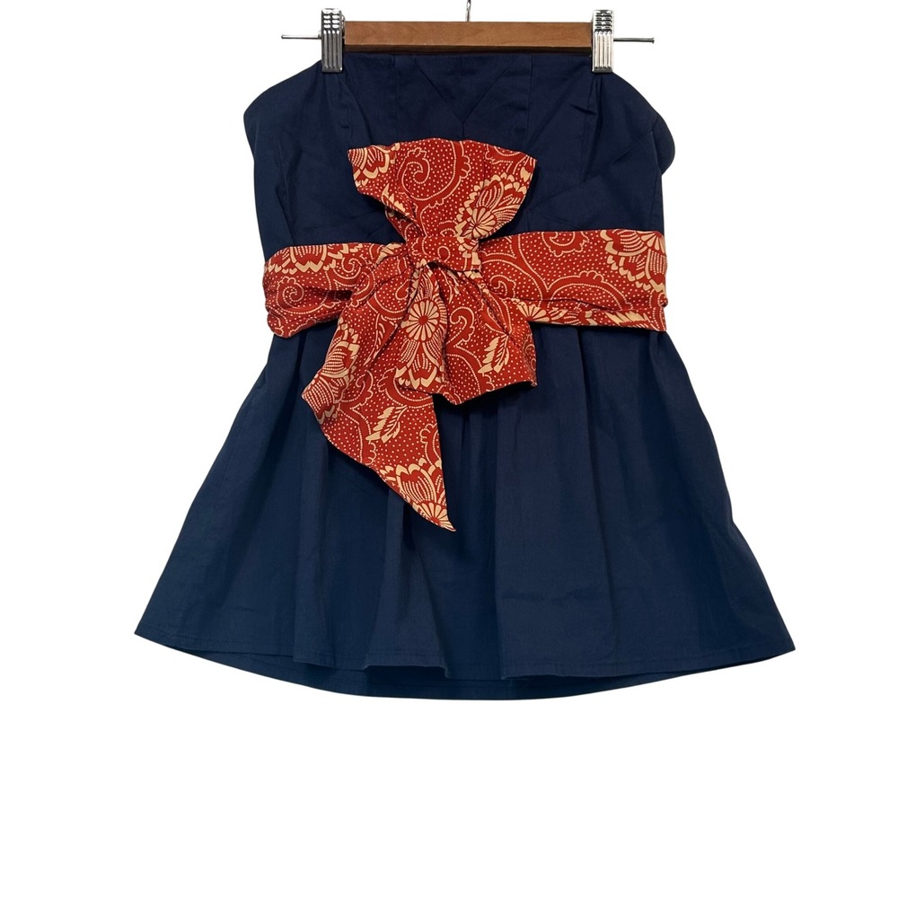 Anthropologie Edme & Esyllte Strapless Boho Top SZ 4 Navy Blue Floral Belt Bow